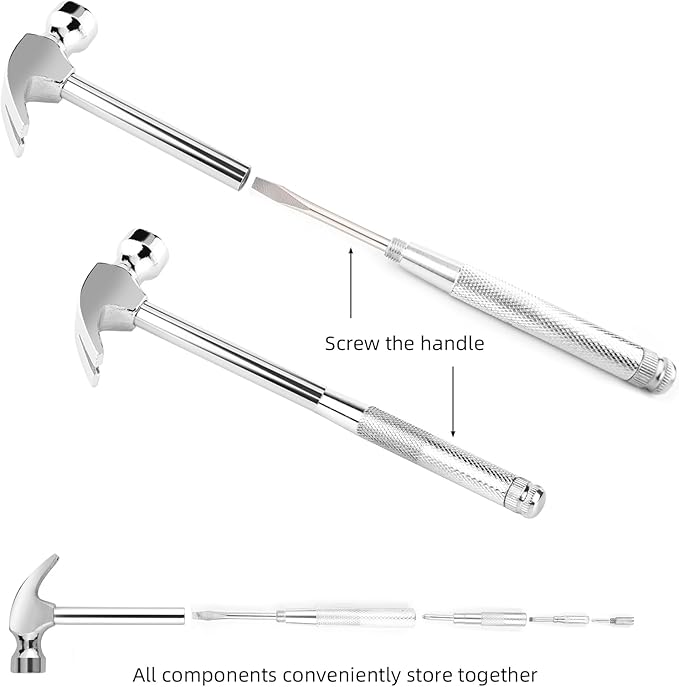 Mini Metal Hammer 6 in 1 with Slotted/Flat Head Phillips Screwdriver Claw Hammer Manual, Portable Multifunction Tool Hammer (Silver)