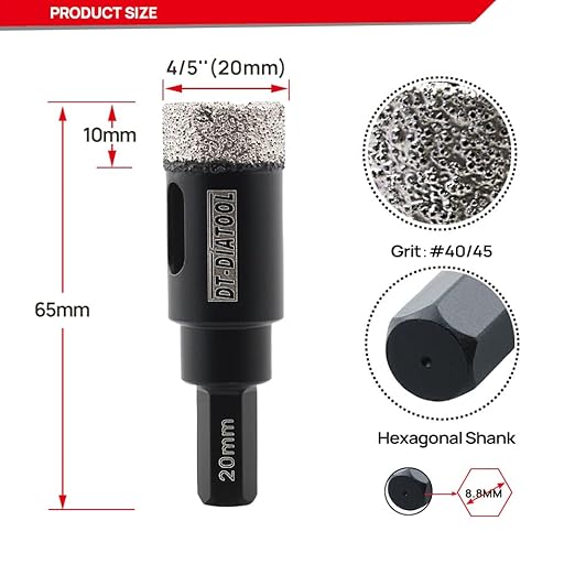 DT-DIATOOL Diamond Core Drill Bit 4/5 Inch for Porcelain Tile Ceramic Marble Artificial Stone Diamond Hole Saw Hex Shank