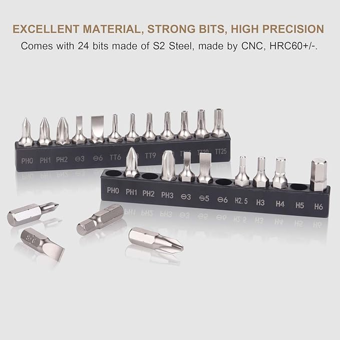 25in1 S2 Steel Mini Ratchet Wrench Screwdriver Bit Set with 1/4" Hex Shank Phillips/Slotted/Hexagon/Torx Bits, 36-Tooth Gear, Magnetic Bit Holder, 90 Degree Offset Reversible Drive Handle