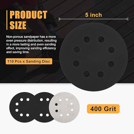110 Pcs 5 Inch Sanding Disc 400 Grit 8 Hole Round Hook and Loop Sandpapers for Metal Wood Automotive Boat Building Grinding and Polishing, Black