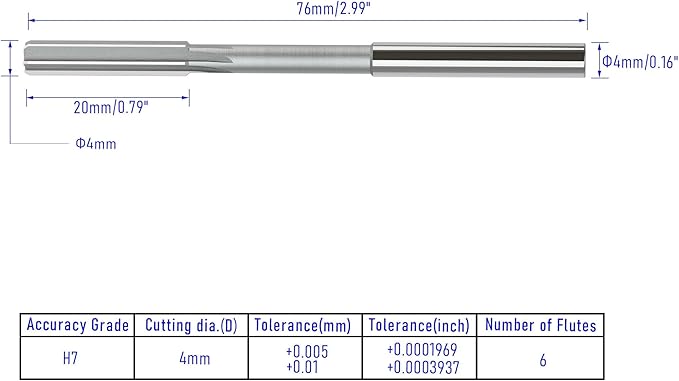 Chucking Reamer 4mm, H7 Cobalt M35 Lathe Machine Reamer Metric, 6 Straight Flutes, Round Straight Shank Milling Cutting Tool, for Stainless Steel Alloy Copper Metal