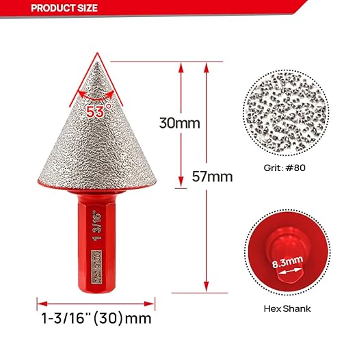 DT-DIATOOL Diamond Beveling Chamfer Bit 1-3/16 Inch with Hex Shank for Tile Porcelain Ceramic Granite Marble Existing Holes Enlarging Polishing Shaping Trimming Repairing