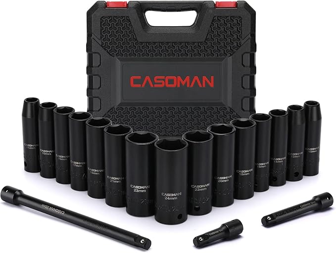 CASOMAN 18PCS 1/2" Drive Impact Socket Set, Deep, Cr-V Steel, Metric, 10mm - 24mm, Includes Extension Bars: 3-Inch, 5-Inch, 10-Inch