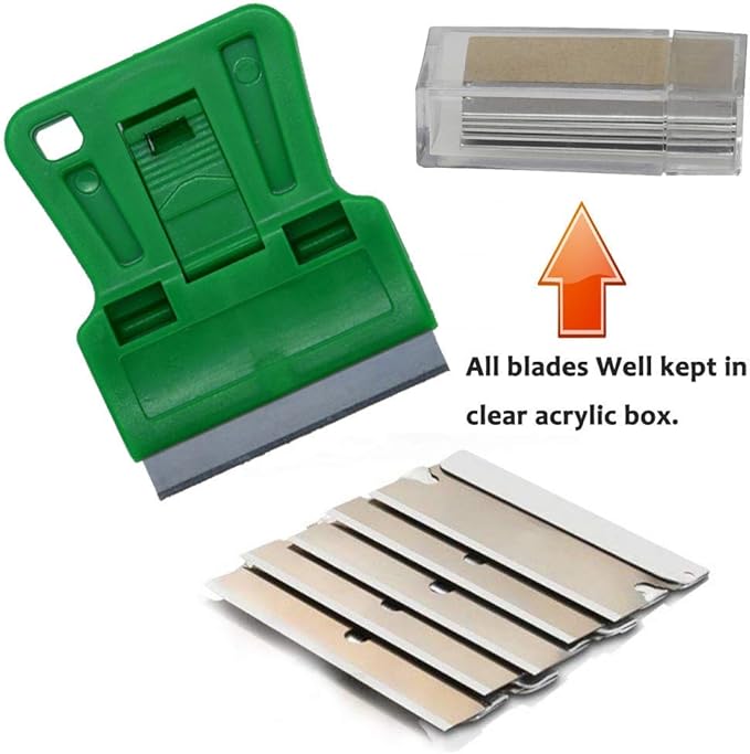 Mini Plastic Razor Blade Scraper Green Window Paint Scraper with 5 Spare Metal Razor Blades for Stove Top Wallpaper Label Removal