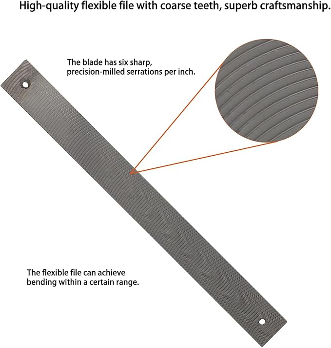 KUZURYU Double-Sided 14-Inch Flexible Flat Coarse-Tooth File Blade, 6 Teeth per Inch - Features an adjustable file holder mounting hole, suitable for shaping, trimming, and filing contour surfaces.
