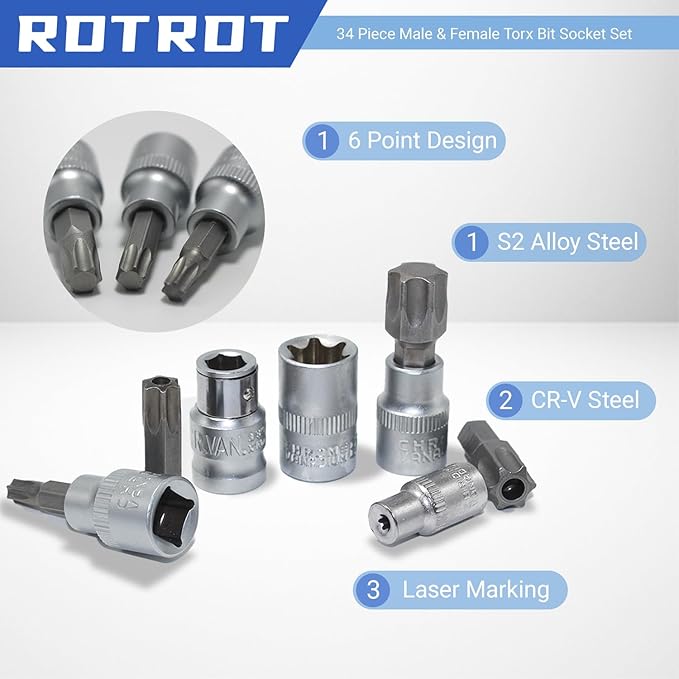 34-Piece Torx Star Bit Socket Set,CR-V Steel, E4-20, T10-60, Tamper Proof Set TT10-TT55, 5/16"F to 3/8"M adapter with Storage Case, Ideal for Car,Trucks,Home Improvement