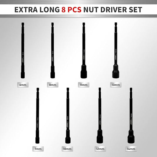 8PCS Magnetic Nut Driver Set, 6 Inches Long Nut Drivers, Nut Drivers for Impact Drill, Long Shank Nut Driver Bits, Nut Setter | 1/4"Hex Shank | Metric | Cr-V Steel