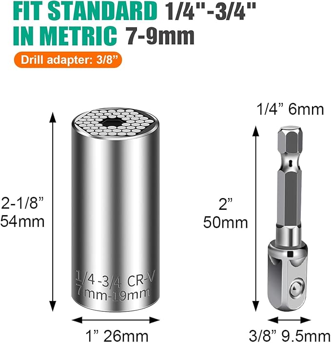 Prowin Universal Socket Set Gift for Men Dad Multi-Function 2 Pcs with Power Drill Adapter Birthday Holiday Cool Stuff Gadgets for Women Husband (7-19mm)