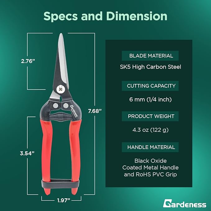 Gardeness SK5 Floral Scissors, Ultra Sharp Straight Pruning Shears – Garden Snips & Flower Clippers for Stems, Leaves, Bonsai and Fruit Picking, Lightweight Effort‑Saving Gardening Scissors (1 Pack)