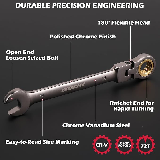 SEDY Premium 12-Piece Metric Flex-Head Ratchet Wrenches Set 8-19mm with Magnetic Organizer, Cr-V Steel Ratcheting Wrench Set with 72 Teeth 180째 Flex Head, Ratchet Combination Wrench Set for Repair