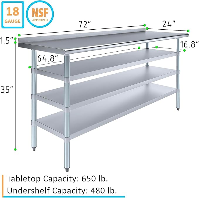Stainless Steel Work Table with 1.5??Backsplash & 3 Shelves ??NSF Certified Metal Kitchen Food Prep Table ??(72" Long x 24" Deep)