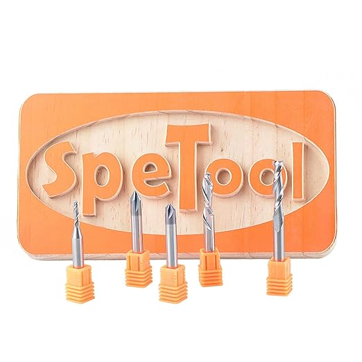 SpeTool 5 Pcs CNC Router Bit Sets Cabide Bit 1/4 Inch Shank Up Down Cut V Groove for Woodwork Beginner Engraving Slot