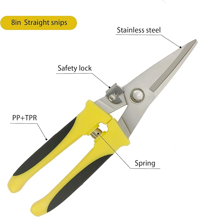 Aviation Tin Snips 8 Inch Heavy Duty Metal Cutter, Straight Shears with Stainless Steel Blade & Comfort Grips, Multifunction Cutting of Branches, Cable Wires, Thin Iron, Cardboard(Right Hand)