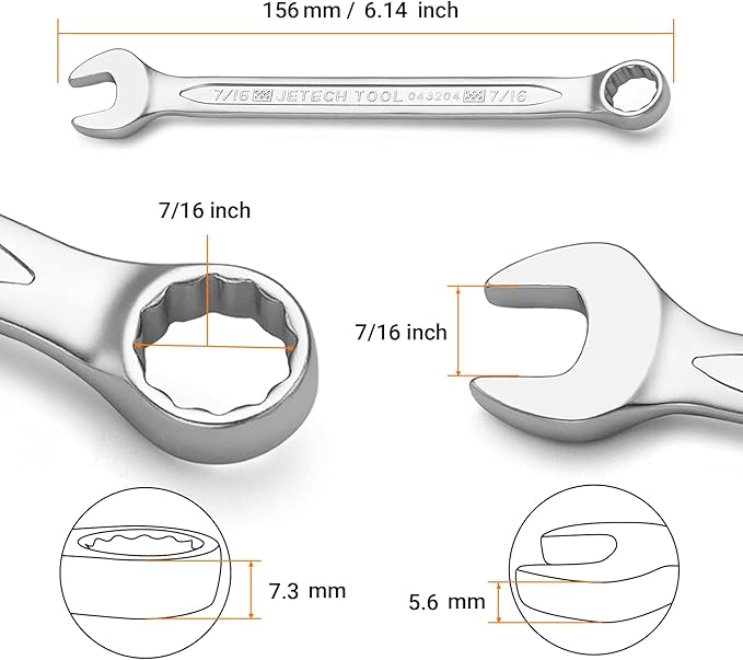Jetech 7/16 Inch Combination Wrench, Industrial Grade Cr-V Steel Spanners with Precise 12 Point Opening, Off-Corners Design