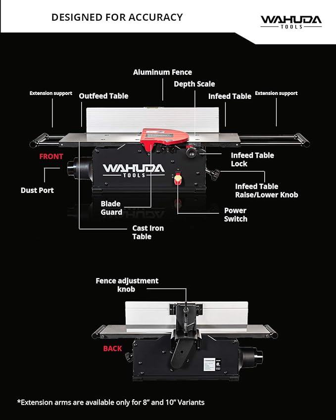 Wahuda Tools Jointer - 8-inch Benchtop Wood Jointer, Spiral Cutterhead Portable Jointer, Cast Iron Tables w/Pull Out Extensions, 4-Sided Carbide Tips & 10amp Motor, Woodworking Tools (50180CC-WHD)