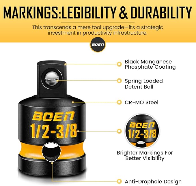boen 2PCS Impact Socket Adapter and Reducer Set, 3/8"F to 1/2"M Adapter & 1/2"F to 3/8"M Reducer, Deep Yellow Embossed Marking, CR-MO Steel