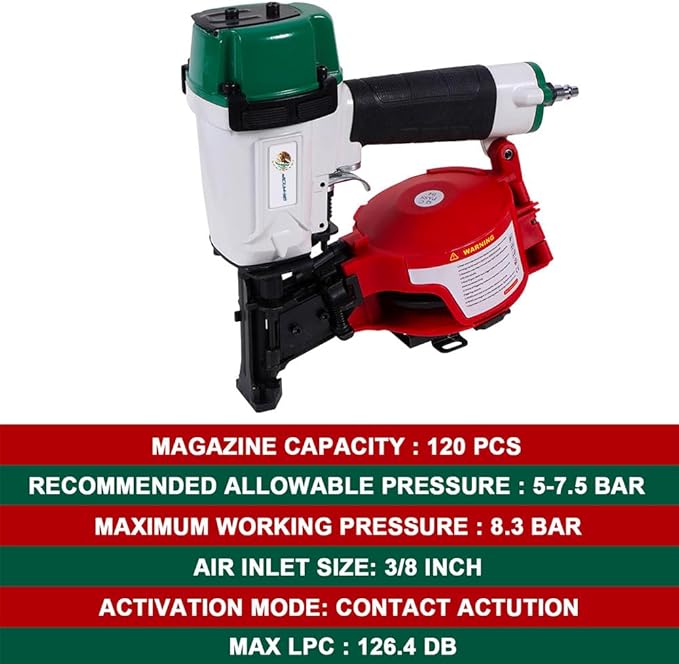 BHTOP CN45N Roofing Nailer, 15 Degree Roofing Nail Gun, 3/4-Inch to 1-3/4-Inch Coil Nails, 120-pcs Load Capacity Coil Nailer (Mexican style)