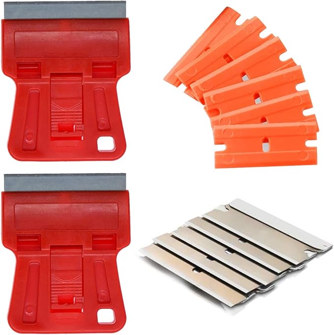 1.5 inches High Visibility Mini Razor Blade Scraper Glass Scraper Red Paint Window Scraper with 5 Metal Scraper Razor Blades 5 Dual Plastic Double Edge Razor Blades Removing Decal Stickers