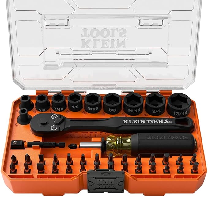 Klein Tools 33806 ProFlex 43-Piece Impact Socket Set and Impact Driver Bit Set with Modular Case, 29 Bits and 10 SAE Socket Sizes, S2 Steel, Magnetic, Adjustable Screwdriver
