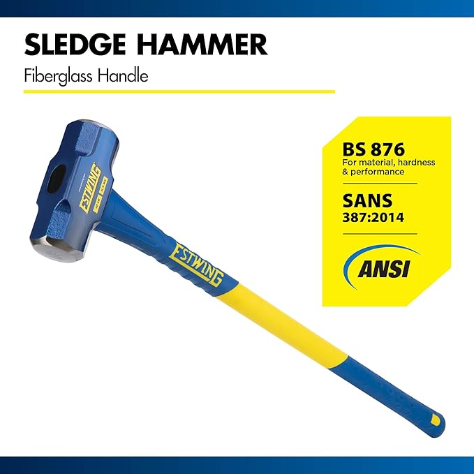Estwing 12-Pound Hard Face Sledge Hammer for Demolition/Stake Driving, 50-55 HRC, 36-Inch Fiberglass Handle, Overstrike Protection, Textured Grip