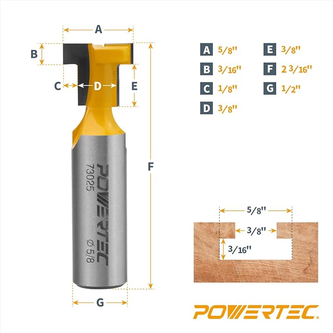 POWERTEC T Track Router Bit, Tungsten Carbide Tipped Router Bit, 1/2" Shank, 5/8" Dia., Slatwall, T Slot for Picture Frames, Compatible with 1/4" & 5/16" T Track Bolts (73025)