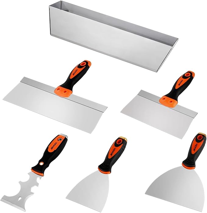 VEVOR Drywall Knife Set, 6 PCS Drywall Tools Includes 3" Painter Scraper, Two Putty Knives, Two Taping Knives and 12" Mud Pan, Stainless Steel Spackle Tool, Drywall Finishing Tools for Home