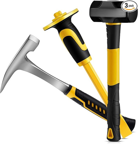 Lasnten 3 Pcs Geology Rock Pick Equipment Kit 33 oz Hammer 3lb Octagonal Hammer 12inch Chisels Tools for Geological Research Exploration, Rock Hounding, Stone Breaking, Prospecting, Mining