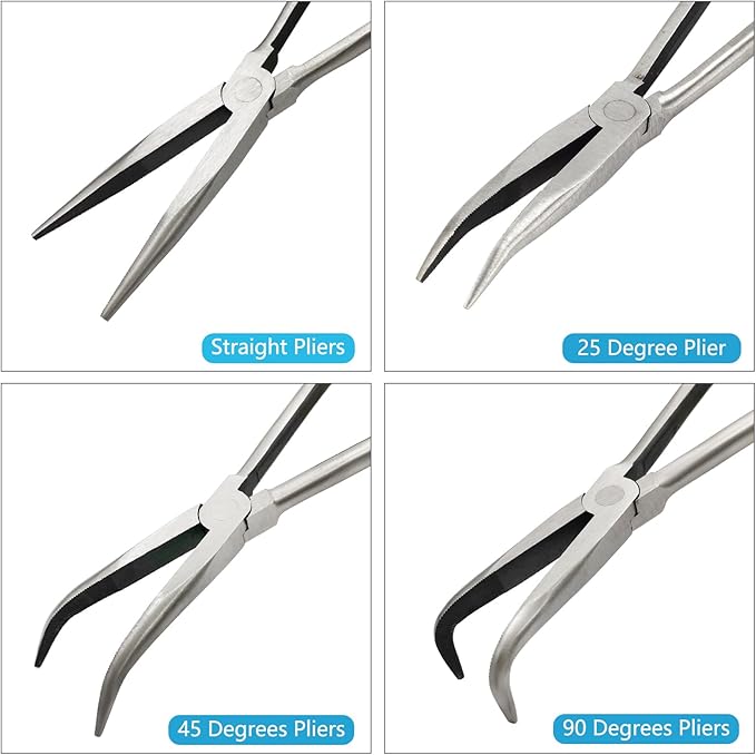 4-Piece 11" Precision Long Nose Pliers Set with Insulated Comfort Grip Handles,Straight Long Needle Nose Pliers,25/45/90 Degree Angle Curved Pliers for Wire Bending,Shaping,Trimming