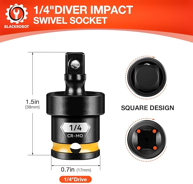 BLACKROBOT 1/4" Drive Impact Universal Joint Set, CR-MO Swivel Socket Adapter for Bicycle Repair & Home DIY, Flexibly Reach Tight-Angle Fasteners