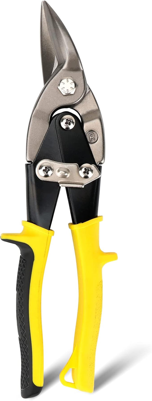 10 Inch Aviation Tin Snips Right Cut, Heavy Duty Sheet Metal Cutter Snips Shears Cutting Metal Sheet Chrome Vanadium Steel Sharp Blades Safety Latch