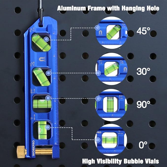 WORKPRO Magnetic Torpedo Level, Conduit Bending Level, Bubble Vials for 0째/90째/30째/45째 Measurements, Aluminum Alloy Construction, 6.3-inch, Cobalt Blue