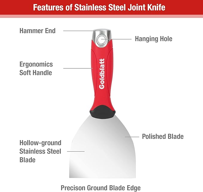 Goldblatt 4-piece Stainless Steel Joint Knife Set, 3-piece 4'', 5'', 6'' Putty Knives and 9-in-1 Multi-Tool Painter Scraper, Soft Handle with Hammer End, for Drywall