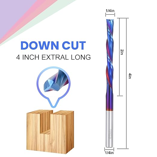 HQMaster Extra Long Spiral Router Bit Down Cut 1/4 Inch Shank Solid Carbide CNC Router Bit with Nano Blue Coating CNC Bits End Mill for Woodwork Mortise Slot Trim