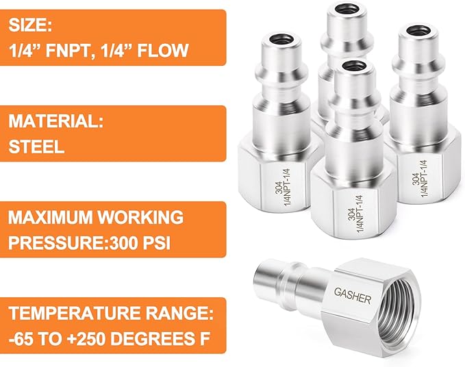 GASHER 5PCS 304 Stainless Steel 1/4-Inch NPT Female Industrial Air Tool Fitting, 1/4-Inch High Flow Pneumatic Plugs