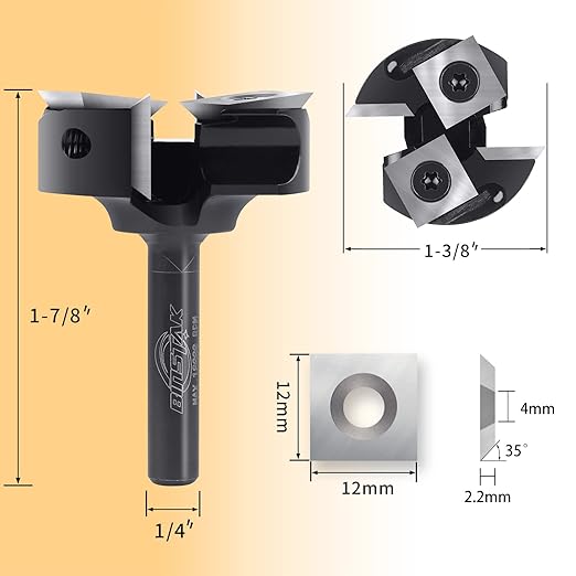 CNC Spoilboard Surfacing Router Bit 1/4" Shank, Slab Flattening Router Bit with 1-3/8" Cutting Diameter, 2+2 Flutes Insert Carbide Wood Planer Router Bits, Planing Bit for Woodworking