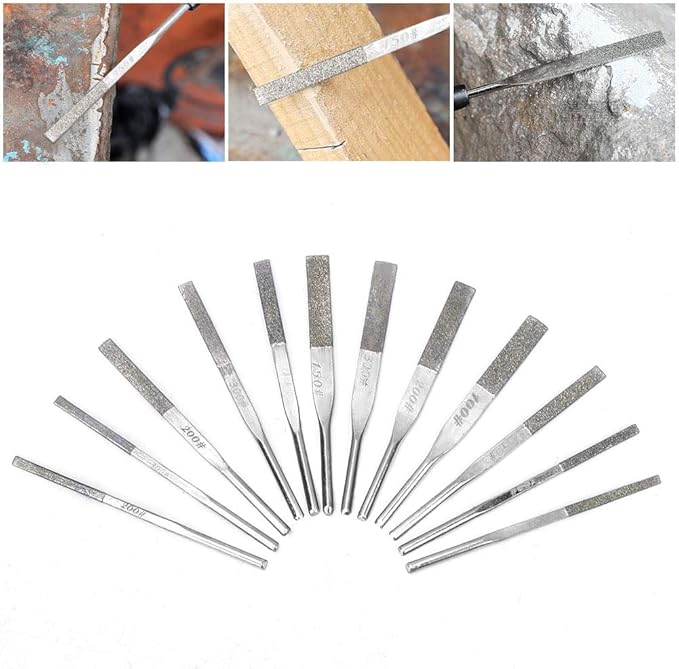 12 Piece Needle File Set, Shank Taper Machine Files for Reciprocating Grinding, 100/150/200/300 Grit