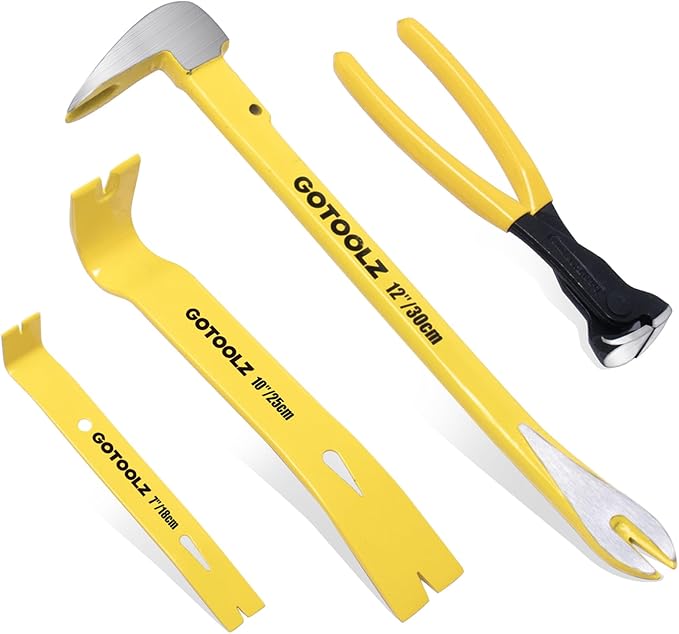 4-Piece Pry Bar Set, 12-Inch Utility Claw Pry Bar, 10-Inch & 7.5-Inch Flat Pry Bars Crowbar Claw, 8-Inch End Cutting Pliers, Nail Remover Tool for Baseboard, Floor, Nails Removal