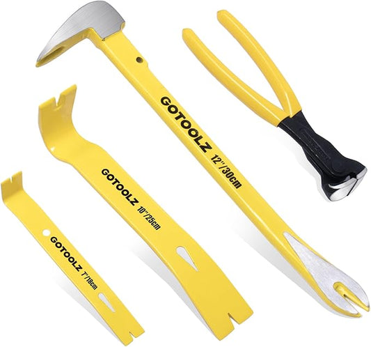 4-Piece Pry Bar Set, 12-Inch Utility Claw Pry Bar, 10-Inch & 7.5-Inch Flat Pry Bars Crowbar Claw, 8-Inch End Cutting Pliers, Nail Remover Tool for Baseboard, Floor, Nails Removal