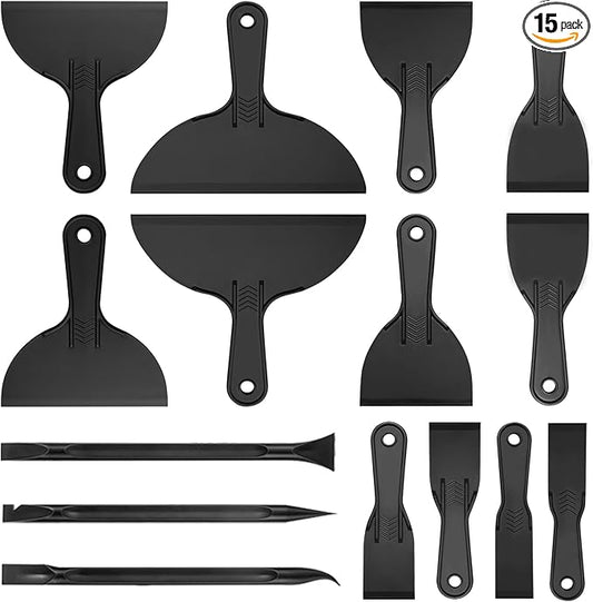 15 Pack Plastic Putty Knife Set - 12 Flexible Plastic Paint Scraper Tool and 3 Detail Scraper Tool for Spackling, Repairing Drywall, Removing Wallpaper, Applying Mud or Plaster
