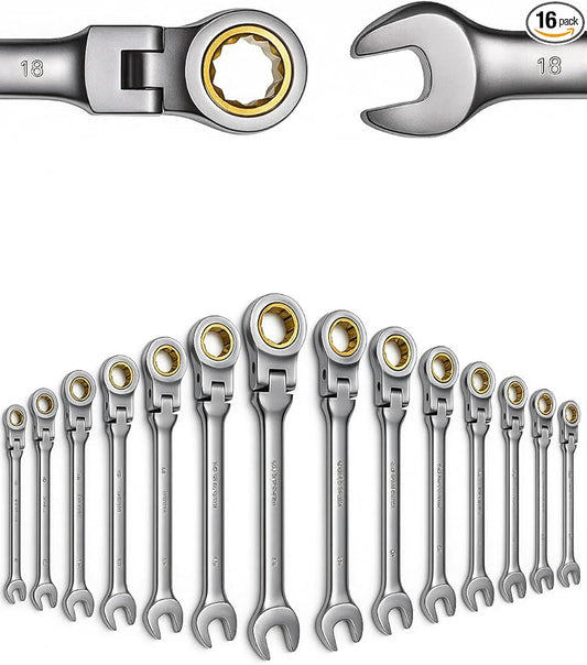 Ratchet Wrench Set, 16-Piece Flex-Head Ratcheting Combination Wrench Set, Metric Wrench Set 6??4 mm, 72-Teeth Cr-V, Nickel-Plated with Wrench Organizer Roll Bag