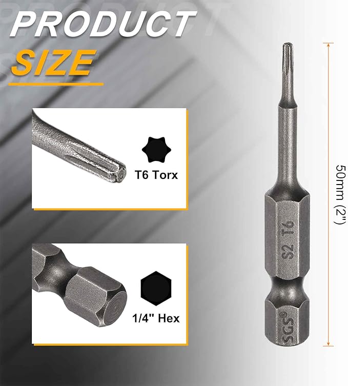 HARFINGTON 2pcs T6 Torx Head Screwdriver Bit 1/4" Hex Shank 2" (50mm) Long Magnetic No Hole Tip Tamper Proof 6 Point Star Screw Driver Drill Bits S2 Steel Industrial Power Screwdrivers