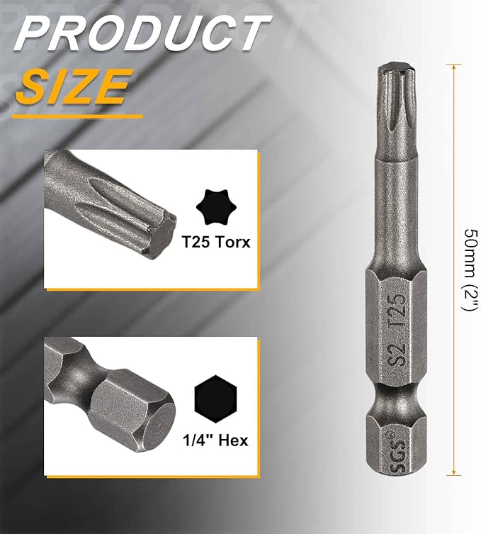 HARFINGTON 2pcs T25 Torx Head Screwdriver Bit 1/4" Hex Shank 2" (50mm) Long Magnetic No Hole Tip Tamper Proof 6 Point Star Screw Driver Drill Bits S2 Steel Industrial Power Screwdrivers