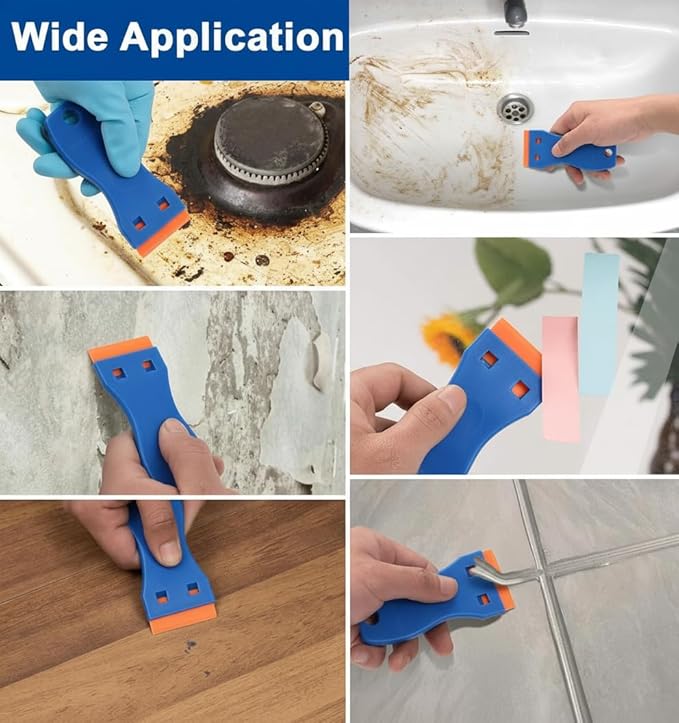 Plastic Razor Blade Scrapers with 100 Blades ??LINKOceans Safe Adhesive Remover for Stickers, Decals, Labels, Caulk & Gaskets on 3D printer beds,Glass,car or Windows Non Scratch Cleaning Tool