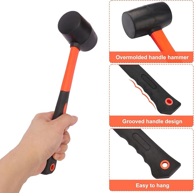 4 PCS 12 OZ Rubber Mallet, Rubber Hammer Head, Rubber Mallet Set With Black-Yellow Fiberglass Handle Perfect For Wood, Metal, Plastic, Glass, And Ceramics. By GENHAKON, Orange