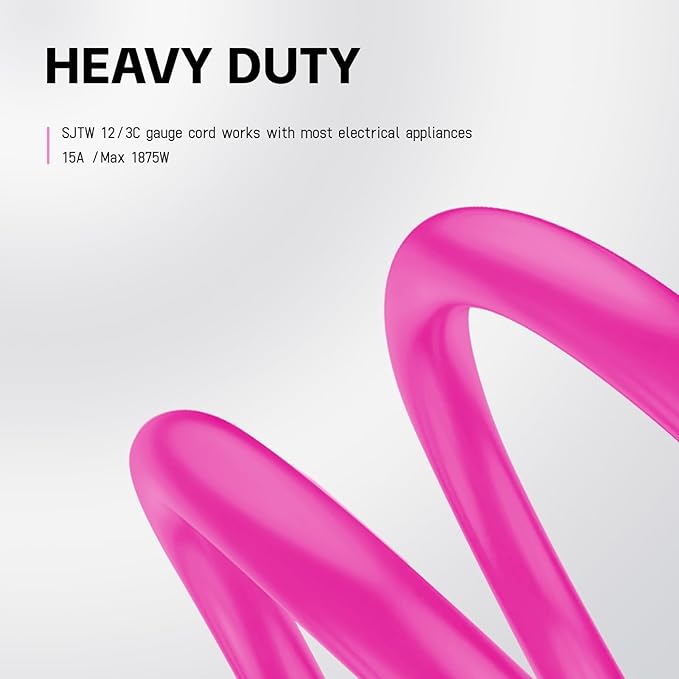EP 10 Ft Outdoor Extension Cord, 12/3 SJTW Heavy Duty Waterproof Power Cable, 3 Prong Grounded Plug, Lighted End, for Lawn, Garden, Appliances, Pink