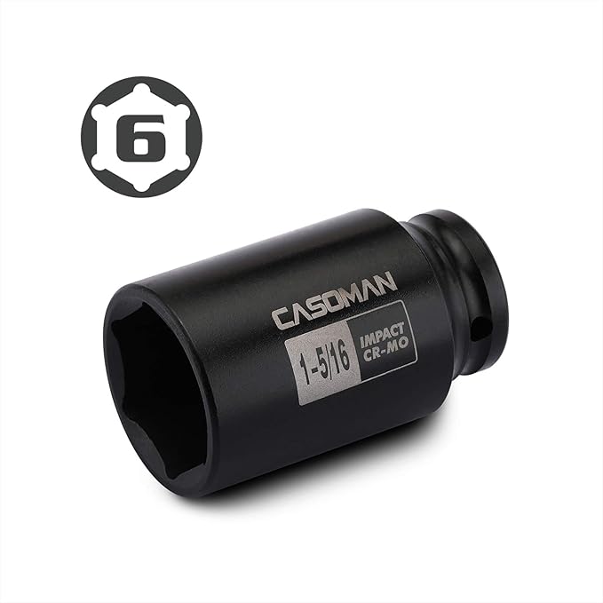 CASOMAN 1/2-Inch Drive 6-Point Deep Impact Socket- 1-5/16'' (SAE), CR-MO, for Axle Shaft Nuts, High-Torque, Corrosion-Resistant