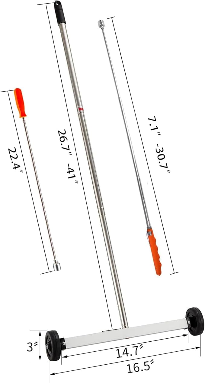 Magnetic Sweeper Pickup Tools set of 3-Yard Magnet Sweeper with Telescoping Holder and Wheels,Extendable and Flexible Magnet Stick Pick Up Nails,use for Mechanic,Automotive,Construction,Lawn,Roofing