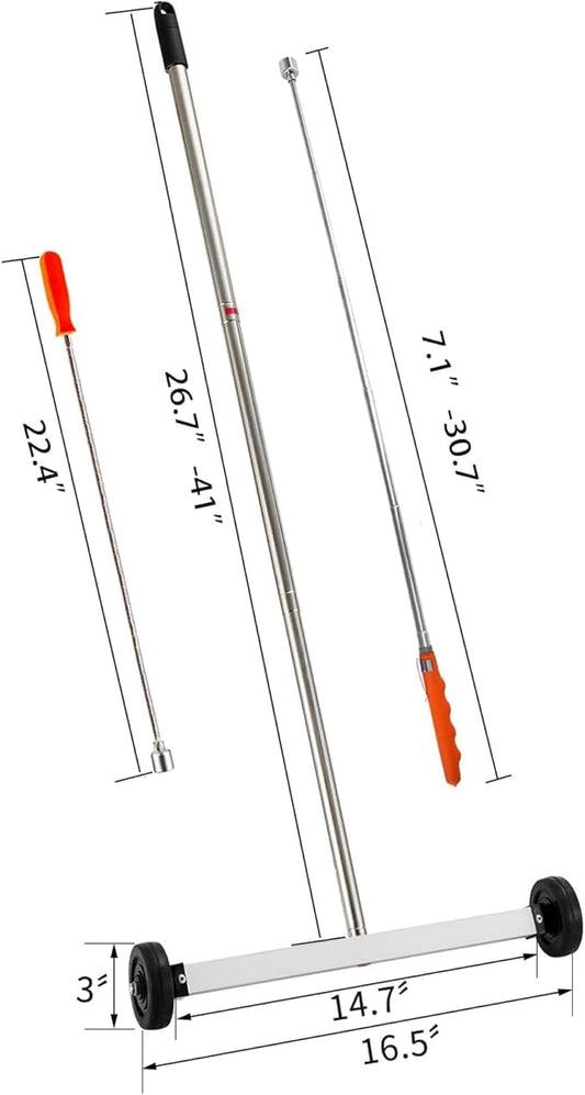 Magnetic Sweeper Pickup Tools set of 3-Yard Magnet Sweeper with Telescoping Holder and Wheels,Extendable and Flexible Magnet Stick Pick Up Nails,use for Mechanic,Automotive,Construction,Lawn,Roofing