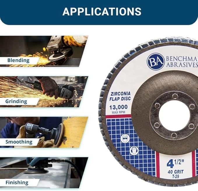 Benchmark Abrasives 4.5" x 7/8" Premium Zirconia T29 Angled Flap Discs 4 1/2 for Angle Grinder, Sanding Discs, Finishing, Rust, Stock Removal- Grinding Wheels 4 1/2 Inch (10 Pack) - 40 Grit