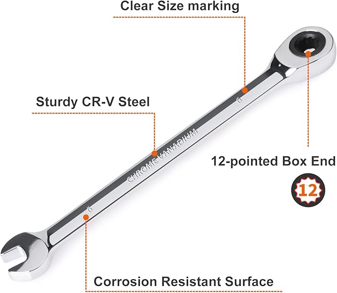 Egofine 6mm Ratcheting Combination Wrench Metric, Industrial Grade Gear Spanner with 12-Point Design, 72-Tooth Ratchet, Chrome Vanadium Steel